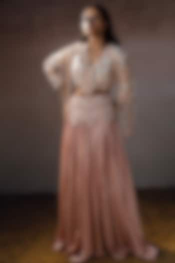 Peach Silk & Tissue Hand Embroidered Skirt Set by URMIL at Pernia's Pop Up Shop