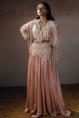 Peach Silk & Tissue Hand Embroidered Skirt Set by URMIL
