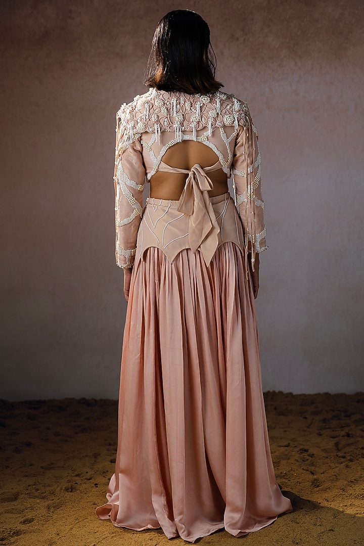 Peach Silk & Tissue Hand Embroidered Skirt Set by URMIL at Pernia's Pop Up Shop