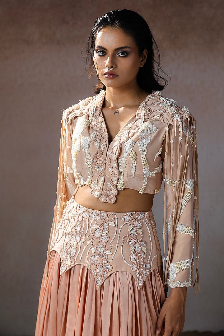 Peach Silk & Tissue Hand Embroidered Skirt Set by URMIL at Pernia's Pop Up Shop