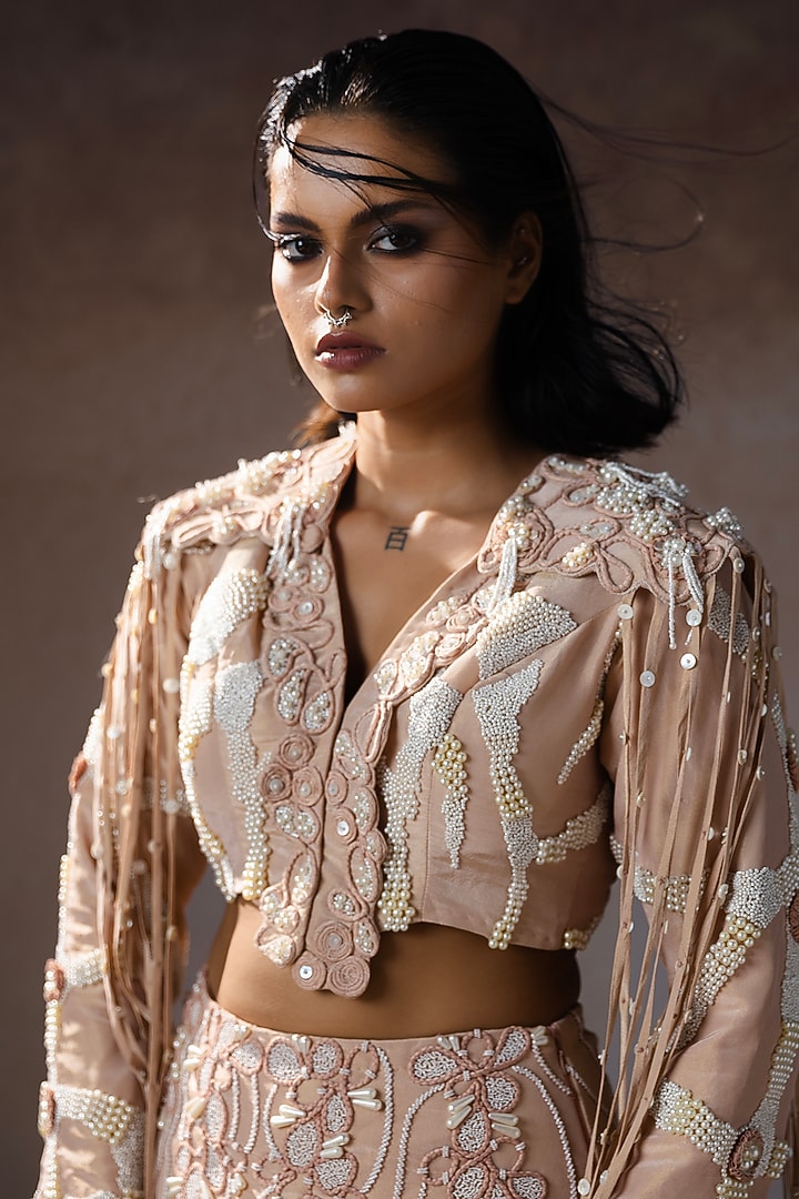 Peach Silk & Tissue Hand Embroidered Skirt Set by URMIL at Pernia's Pop Up Shop