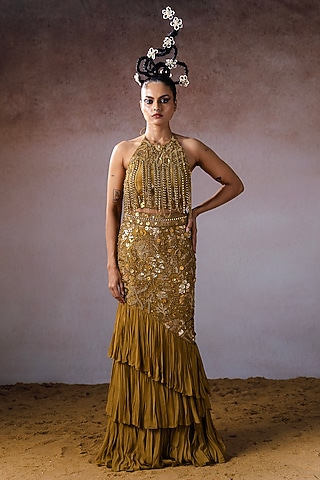 Dark Gold Georgette & Tissue Hand Embroidered Tiered Skirt Set by URMIL