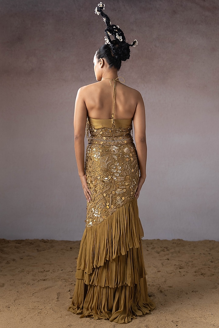 Dark Gold Georgette & Tissue Hand Embroidered Tiered Skirt Set by URMIL at Pernia's Pop Up Shop