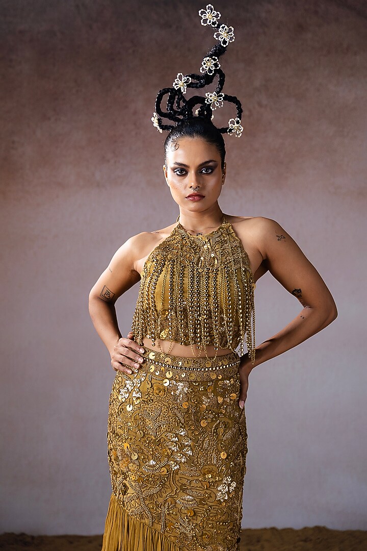 Dark Gold Georgette & Tissue Hand Embroidered Tiered Skirt Set by URMIL at Pernia's Pop Up Shop