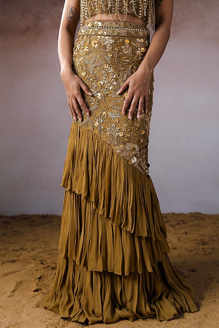 Dark Gold Georgette & Tissue Hand Embroidered Tiered Skirt Set by URMIL at Pernia's Pop Up Shop