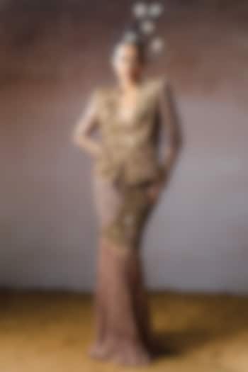 Rose Gold Organza & Tissue Hand Embroidered Fringed Skirt Set by URMIL at Pernia's Pop Up Shop