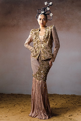 Rose Gold Organza & Tissue Hand Embroidered Fringed Skirt Set by URMIL