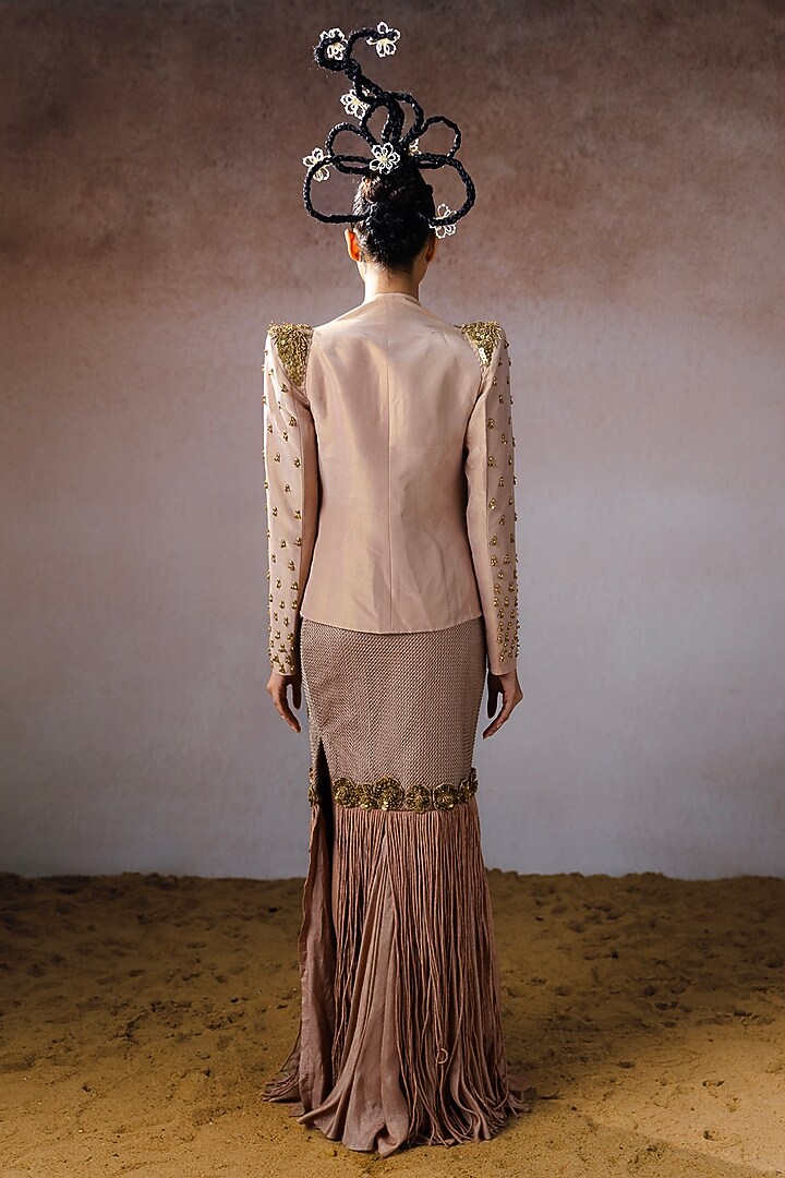 Rose Gold Organza & Tissue Hand Embroidered Fringed Skirt Set by URMIL at Pernia's Pop Up Shop