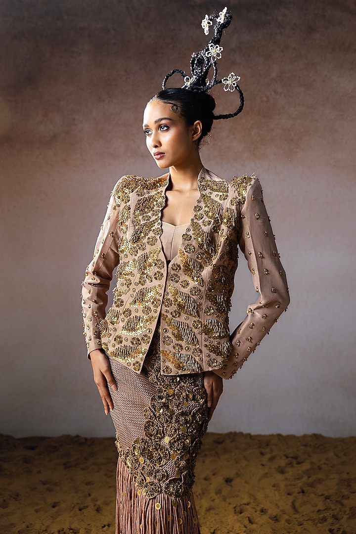 Rose Gold Organza & Tissue Hand Embroidered Fringed Skirt Set by URMIL at Pernia's Pop Up Shop