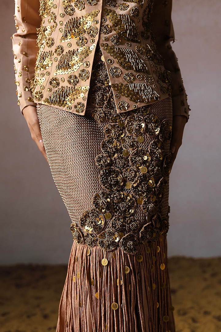 Rose Gold Organza & Tissue Hand Embroidered Fringed Skirt Set by URMIL at Pernia's Pop Up Shop