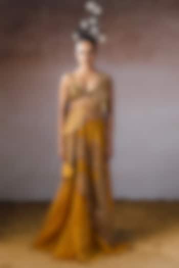 Gold Dola Hand Embroidered Draped Skirt Set by URMIL at Pernia's Pop Up Shop