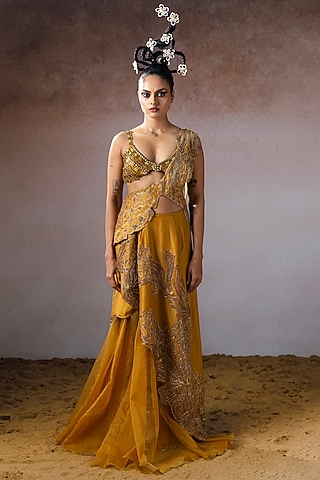 Gold Dola Hand Embroidered Draped Skirt Set by URMIL