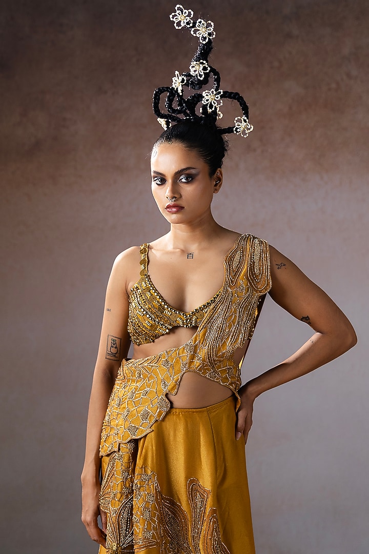 Gold Dola Hand Embroidered Draped Skirt Set by URMIL at Pernia's Pop Up Shop