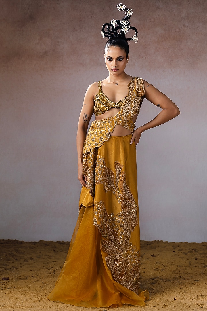 Gold Dola Hand Embroidered Draped Skirt Set by URMIL at Pernia's Pop Up Shop