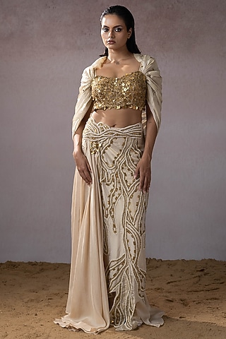Ivory Dola & Tissue Hand Embroidered Skirt Saree Set by URMIL
