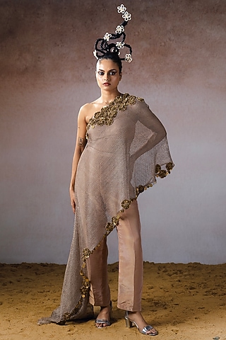 Rose Gold Organza & Tissue Hand Embroidered Cape Set by URMIL
