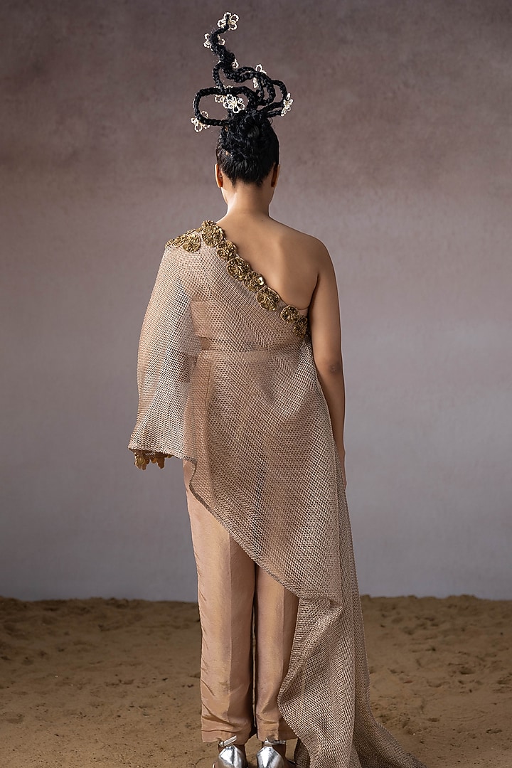 Rose Gold Organza & Tissue Hand Embroidered Cape Set by URMIL at Pernia's Pop Up Shop