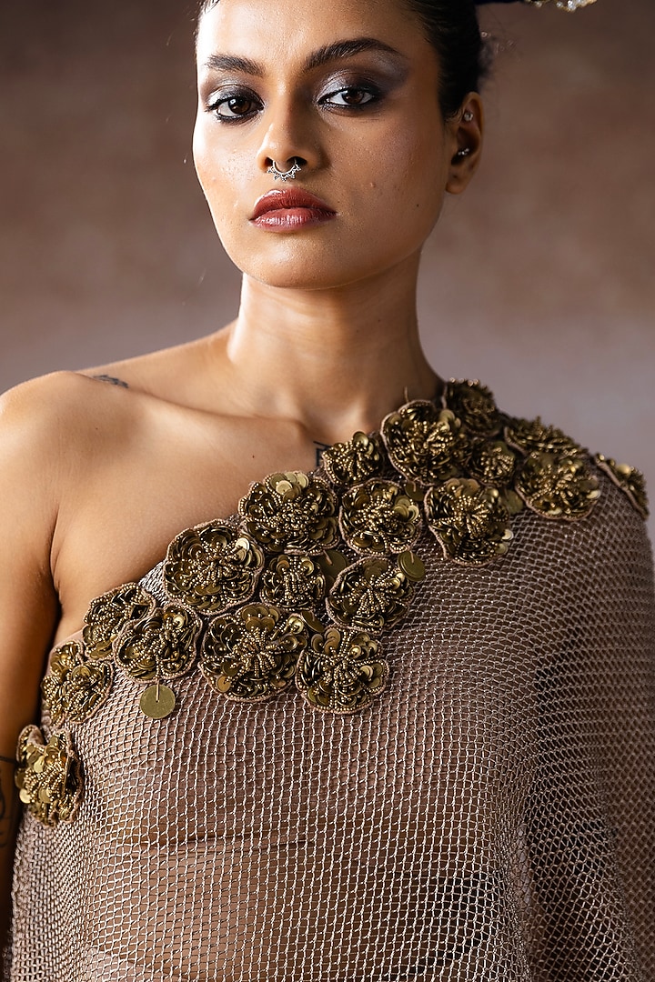 Rose Gold Organza & Tissue Hand Embroidered Cape Set by URMIL at Pernia's Pop Up Shop