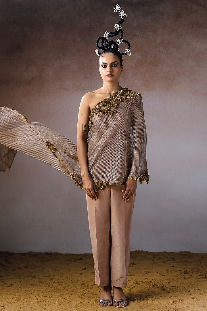 Rose Gold Organza & Tissue Hand Embroidered Cape Set by URMIL at Pernia's Pop Up Shop