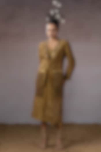 Dark Gold Tissue & Organza Hand Embroidered Jacket Set by URMIL at Pernia's Pop Up Shop