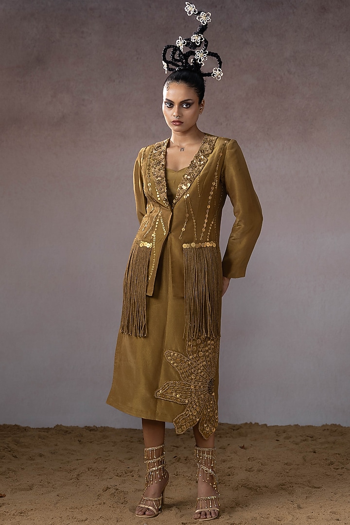 Dark Gold Tissue & Organza Hand Embroidered Jacket Set by URMIL at Pernia's Pop Up Shop