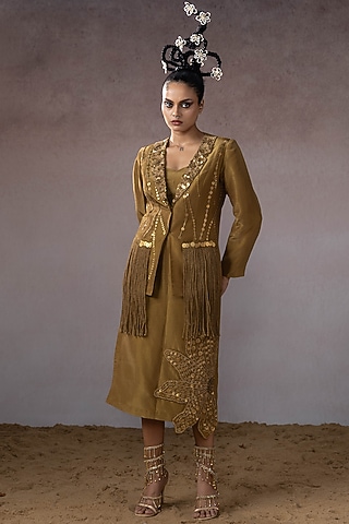 Dark Gold Tissue & Organza Hand Embroidered Jacket Set by URMIL