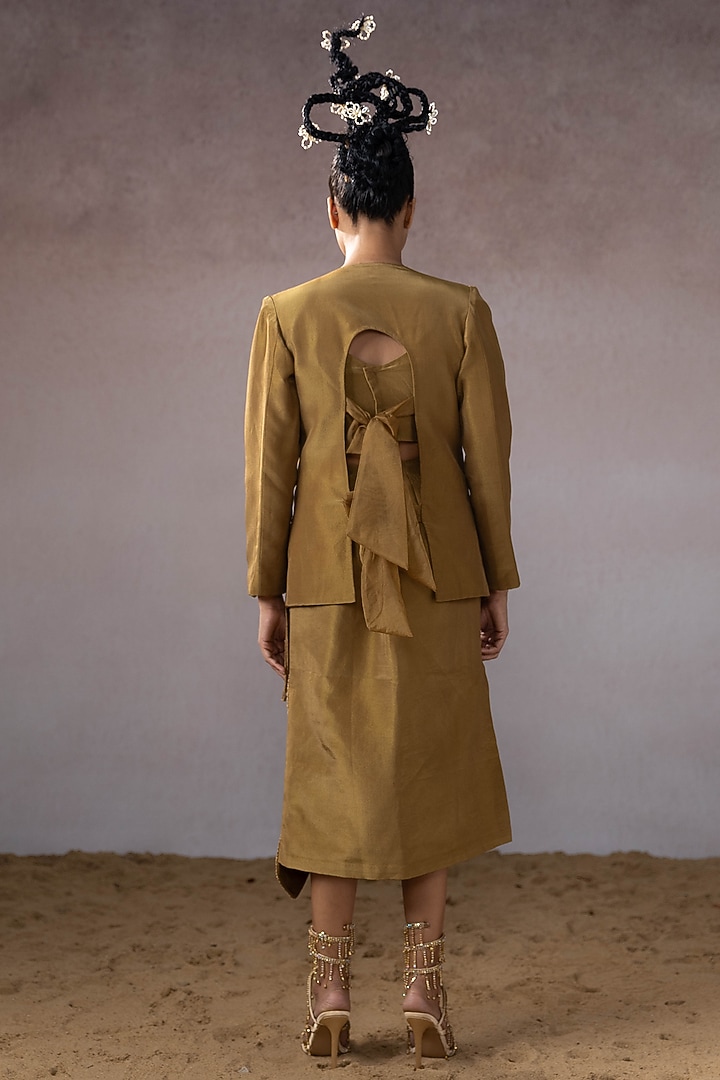 Dark Gold Tissue & Organza Hand Embroidered Jacket Set by URMIL at Pernia's Pop Up Shop