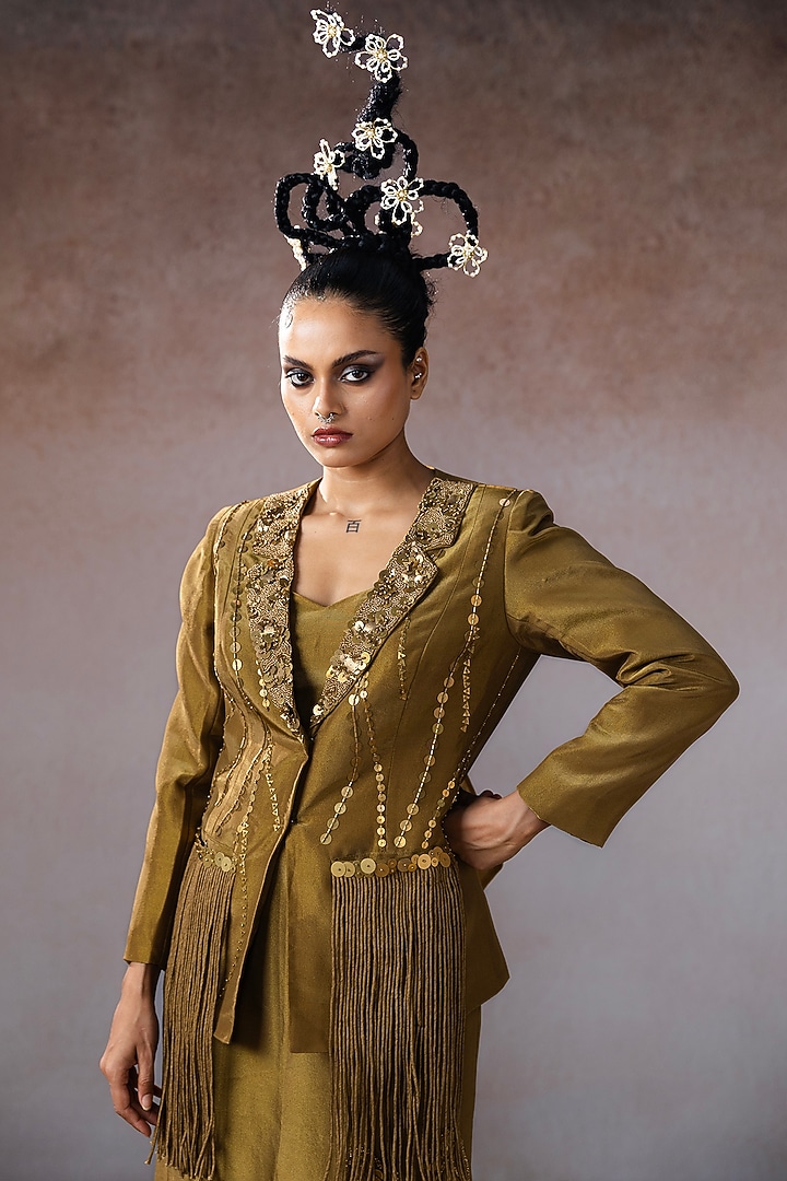 Dark Gold Tissue & Organza Hand Embroidered Jacket Set by URMIL at Pernia's Pop Up Shop