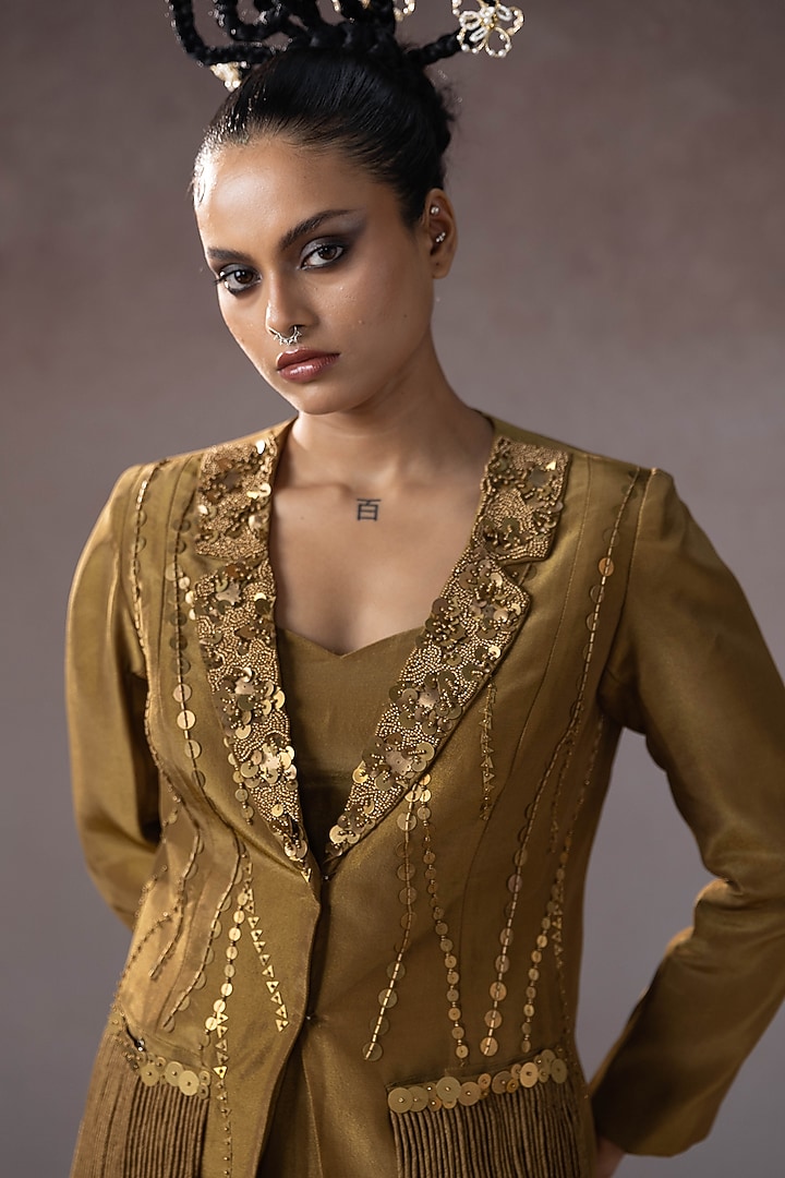 Dark Gold Tissue & Organza Hand Embroidered Jacket Set by URMIL at Pernia's Pop Up Shop