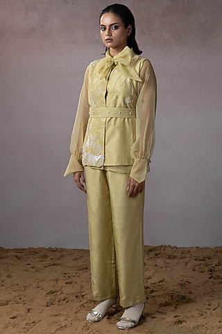Sage Dola & Organza Hand Embroidered Jacket Set by URMIL