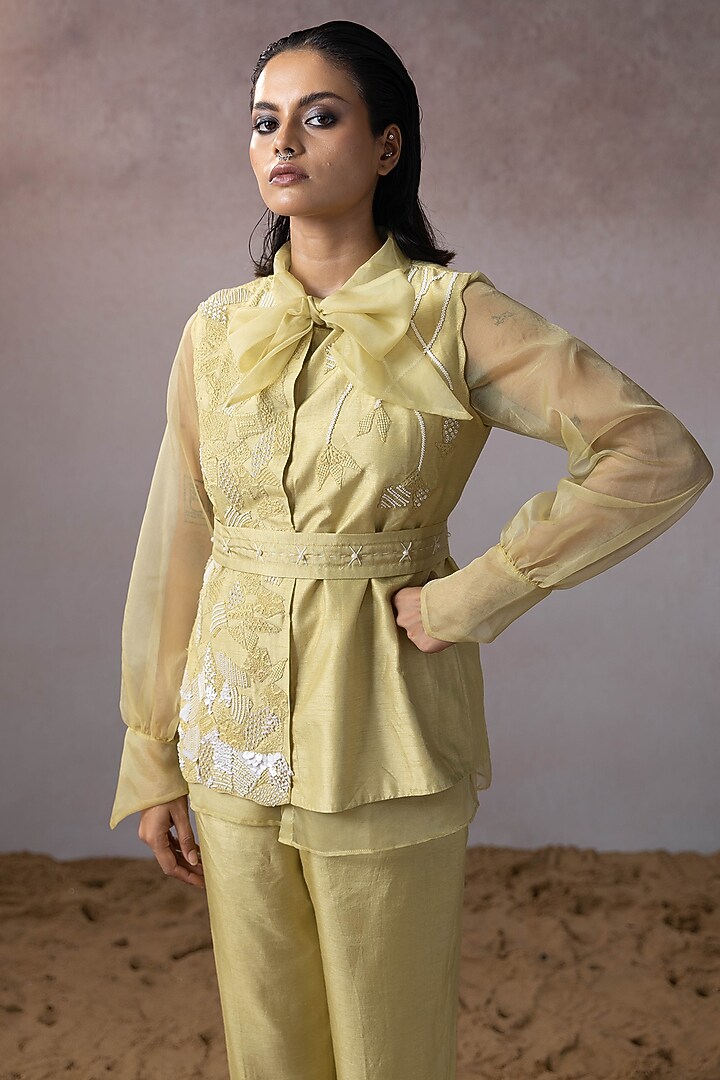 Sage Dola & Organza Hand Embroidered Jacket Set by URMIL at Pernia's Pop Up Shop