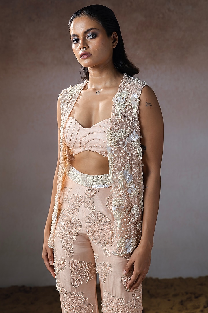 Peach Dola Hand Embroidered Co-Ord Set by URMIL at Pernia's Pop Up Shop