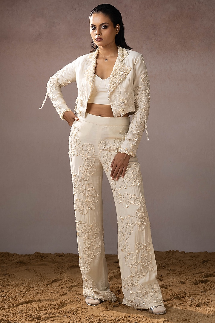 Off-White Mulin & Silk Hand Embroidered Jacket Set by URMIL at Pernia's Pop Up Shop