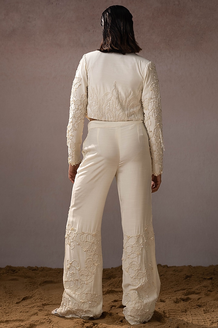 Off-White Mulin & Silk Hand Embroidered Jacket Set by URMIL at Pernia's Pop Up Shop