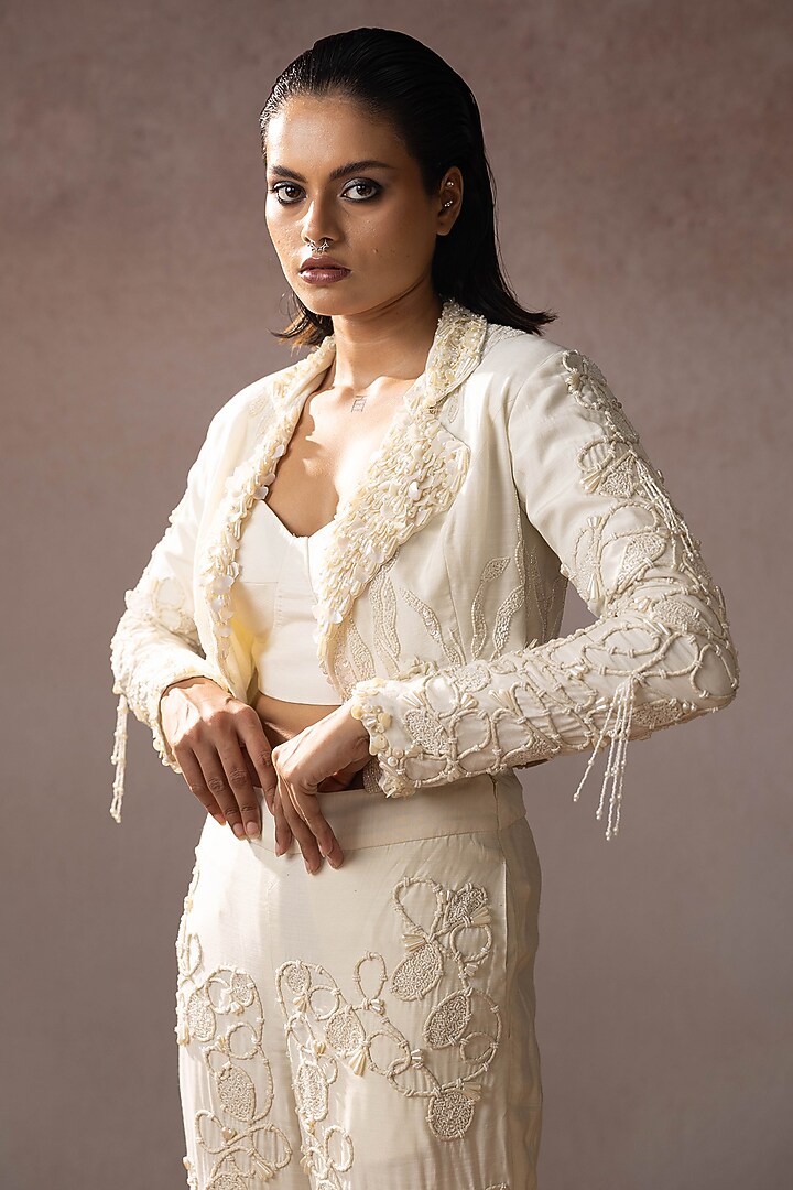 Off-White Mulin & Silk Hand Embroidered Jacket Set by URMIL at Pernia's Pop Up Shop