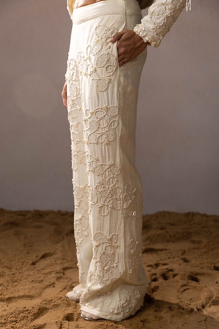 Off-White Mulin & Silk Hand Embroidered Jacket Set by URMIL at Pernia's Pop Up Shop