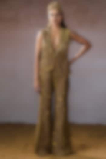 Dark Gold Tissue Hand Embroidered Jacket Set by URMIL at Pernia's Pop Up Shop
