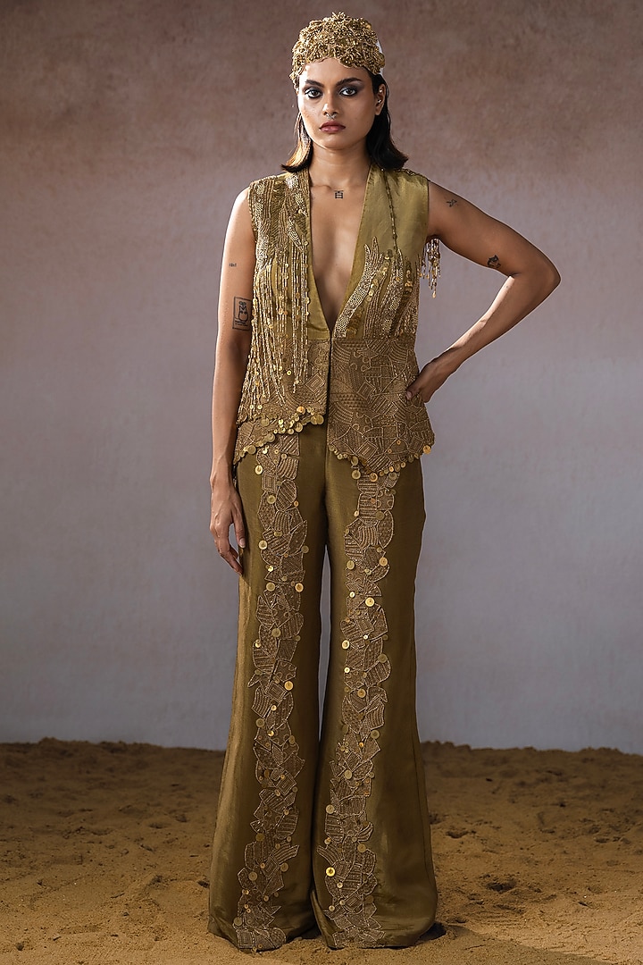 Dark Gold Tissue Hand Embroidered Jacket Set by URMIL at Pernia's Pop Up Shop