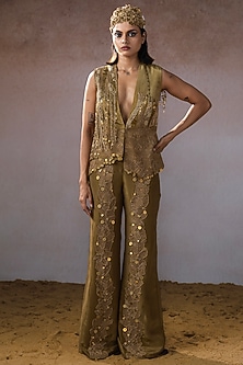 Dark Gold Tissue Hand Embroidered Jacket Set by URMIL-POPULAR PRODUCTS AT STORE