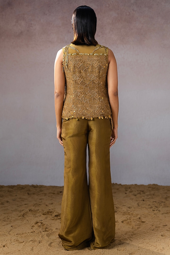 Dark Gold Tissue Hand Embroidered Jacket Set by URMIL at Pernia's Pop Up Shop
