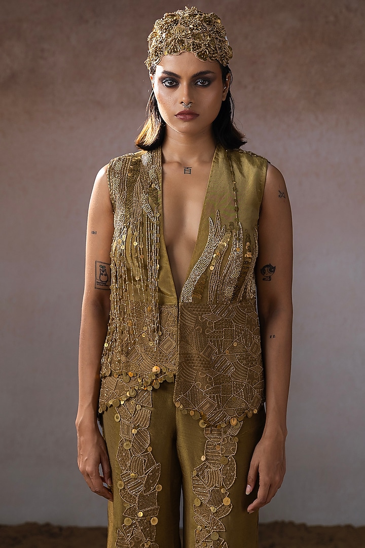 Dark Gold Tissue Hand Embroidered Jacket Set by URMIL at Pernia's Pop Up Shop