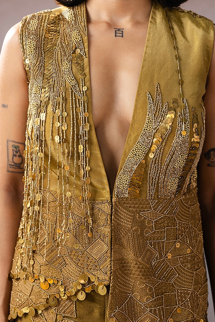 Dark Gold Tissue Hand Embroidered Jacket Set by URMIL at Pernia's Pop Up Shop