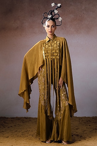 Dark Gold Dola & Tissue Hand Embroidered Cape Set by URMIL