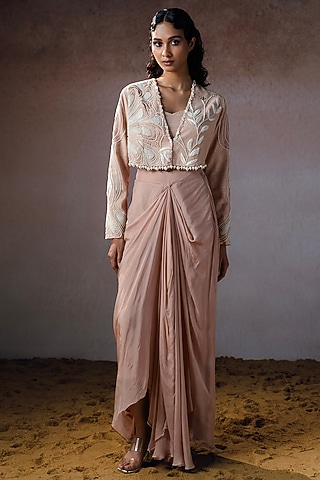 Peach Tissue Hand Embroidered Pickup Skirt Set by URMIL