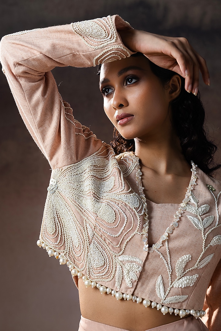 Peach Tissue Hand Embroidered Pickup Skirt Set by URMIL at Pernia's Pop Up Shop
