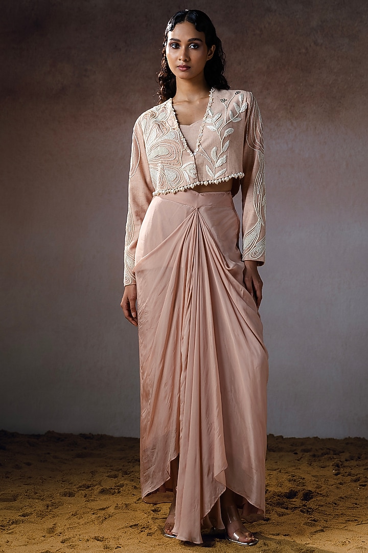 Peach Tissue Hand Embroidered Pickup Skirt Set by URMIL at Pernia's Pop Up Shop