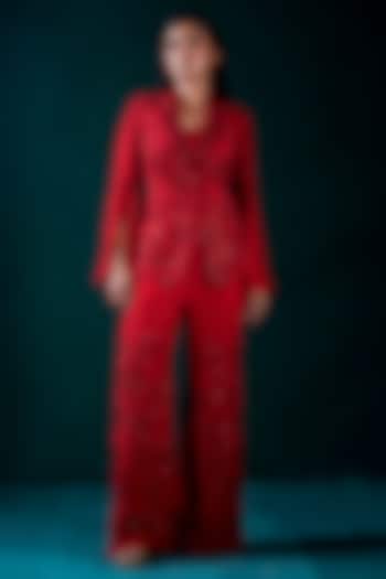 Red Muslin Hand Embroidered Jacket Set by URMIL at Pernia's Pop Up Shop