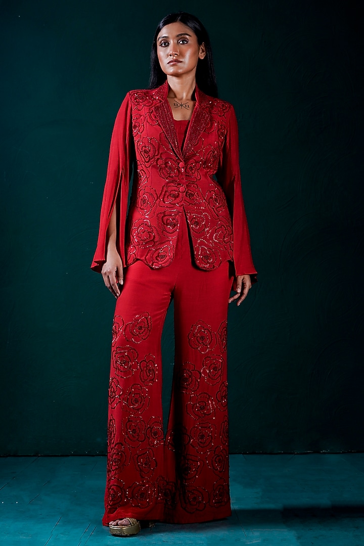 Red Muslin Hand Embroidered Jacket Set by URMIL at Pernia's Pop Up Shop