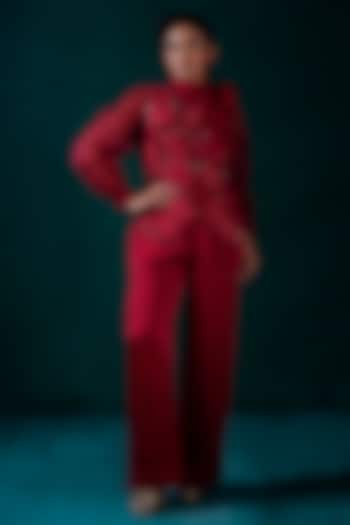 Red Muslin Hand Embroidered Jacket Set by URMIL at Pernia's Pop Up Shop
