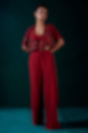 Red Muslin Hand Embroidered Jacket Set by URMIL at Pernia's Pop Up Shop